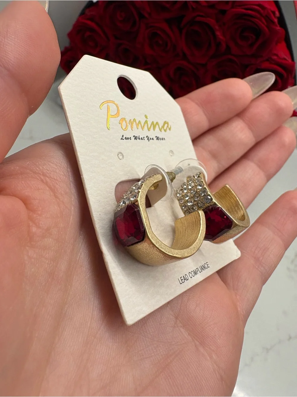 Pomina Gold-Tone Earrings with Deep Red Stones